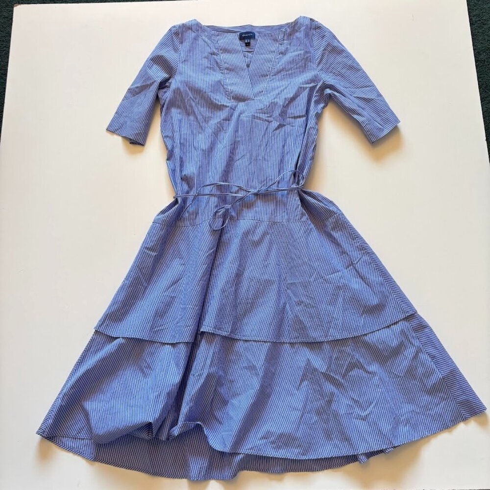 GANT 100% Cotton Dress Blue White Stripe V Neck Tie Waist Tiered Preppy Sleeve
